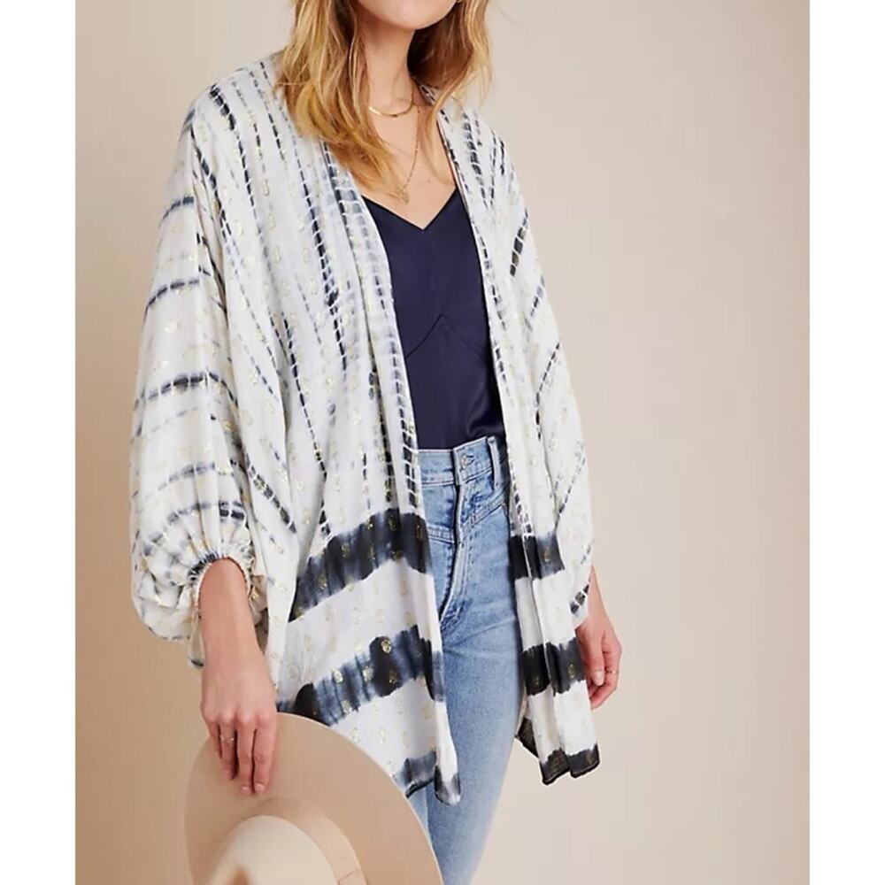 Anthropologie Vada White Blue Gold Shimmer Cocoon Kimono Women’s One Size - Picture 12 of 12
